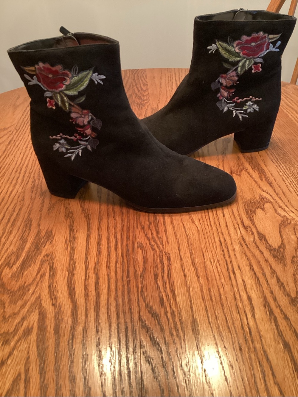 Impo Black Suede Ankle Boots with Floral Embroidery